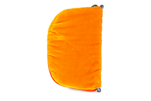 Load image into Gallery viewer, Back view of orange velvet jewelry/sewing case showing a dark orange zipper and two small dusty blue loops, one situated at the top and one at the bottom.