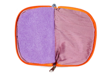 Load image into Gallery viewer, Interior view of velvet jewelry/sewing case showing light purple lining, pockets, and felt pages.