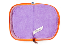 Load image into Gallery viewer, Interior view of velvet jewelry/sewing case showing light purple lining, pockets, and felt pages.
