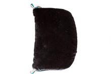 Load image into Gallery viewer, Front view of dark brown velvet jewelry/sewing case with midnight blue zipper. Two small silk loops are situated at the top and bottom of the case in a gradient of pink, white, and teal.