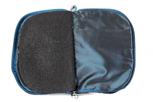 Load image into Gallery viewer, Interior view of jewelry/sewing case showing midnight blue lining and pockets, and black felt pages.