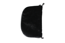 Load image into Gallery viewer, Back view of black velvet jewelry/sewing case featuring two black loops at the top and bottom and a black zipper.