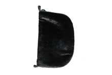Load image into Gallery viewer, Front view of black velvet jewelry/sewing case featuring two black loops at the top and bottom and a black zipper.