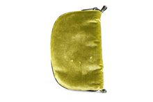 Load image into Gallery viewer, Back view of olive green velvet jewelry/sewing case with a dark green zipper and two green and brown loops, one situated at the top and one at the bottom.