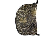 Load image into Gallery viewer, Back view of golden mum brocade jewelry/sewing case with a black zipper and two small black loops, one situated at the top and one at the bottom.