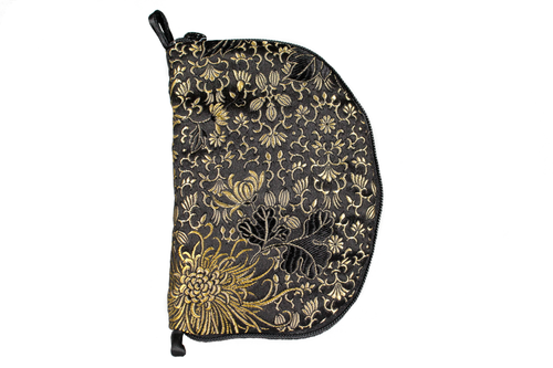 Front view of golden mum brocade jewelry/sewing case with a black zipper and two small black loops, one situated at the top and one at the bottom.