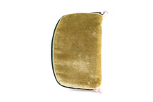Load image into Gallery viewer, Front view of sage green velvet jewelry/sewing case with a dark green zipper and two light pink loops, one situated at the top and one at the bottom.