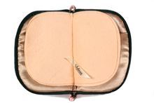 Load image into Gallery viewer, Interior view of jewelry/sewing case showing champagne colored lining and pockets and peach colored pages.