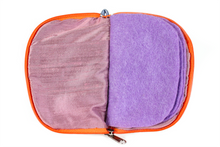 Load image into Gallery viewer, Interior view of velvet jewelry/sewing case showing light purple lining, pockets, and felt pages. 
