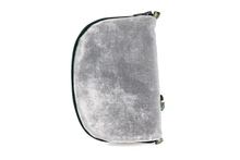Load image into Gallery viewer, Back view of slate grey velvet jewelry/sewing case with a dark green zipper. There are two green loops, one situated at the top and one at the bottom.
