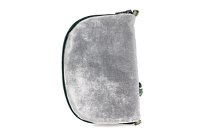 Back view of slate grey velvet jewelry/sewing case with a dark green zipper. There are two green loops, one situated at the top and one at the bottom.