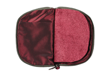 Load image into Gallery viewer, Interior view of jewelry/sewing case showing burgundy lining, pockets, and felt pages.

