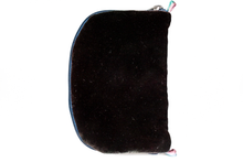 Load image into Gallery viewer, Back view of dark brown velvet jewelry/sewing case with midnight blue zipper. Two small silk loops are situated at the top and bottom of the case in a gradient of pink, white, and teal.
