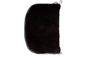 Back view of dark brown velvet jewelry/sewing case with midnight blue zipper. Two small silk loops are situated at the top and bottom of the case in a gradient of pink, white, and teal.