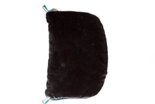 Load image into Gallery viewer, Front view of dark brown velvet jewelry/sewing case with midnight blue zipper. Two small silk loops are situated at the top and bottom of the case in a gradient of pink, white, and teal.
