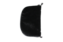 Load image into Gallery viewer, Back view of black velvet jewelry/sewing case featuring two black loops at the top and bottom and a black zipper.
