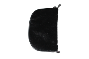 Back view of black velvet jewelry/sewing case featuring two black loops at the top and bottom and a black zipper.