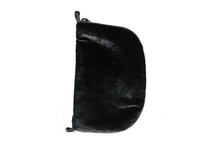 Load image into Gallery viewer, Front view of black velvet jewelry/sewing case featuring two black loops at the top and bottom and a black zipper.

