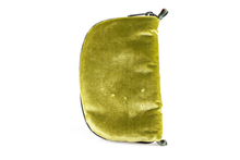 Load image into Gallery viewer, Back view of olive green velvet jewelry/sewing case with a dark green zipper and two green and brown loops, one situated at the top and one at the bottom.

