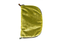 Load image into Gallery viewer, Front view of olive green velvet jewelry/sewing case with a dark green zipper and two green and brown loops, one situated at the top and one at the bottom.
