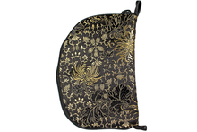 Load image into Gallery viewer, Back view of golden mum brocade jewelry/sewing case with a black zipper and two small black loops, one situated at the top and one at the bottom.
