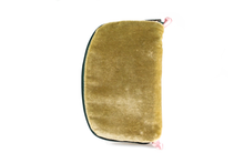 Load image into Gallery viewer, Front view of sage green velvet jewelry/sewing case with a dark green zipper and two light pink loops, one situated at the top and one at the bottom.
