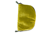 Load image into Gallery viewer, Front view of olive green velvet jewelry/sewing case with a dark green zipper and two green loops, one situated at the top and one at the bottom. 
