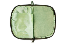 Load image into Gallery viewer, Interior view of jewelry/sewing case with light green lining and felt pages.
